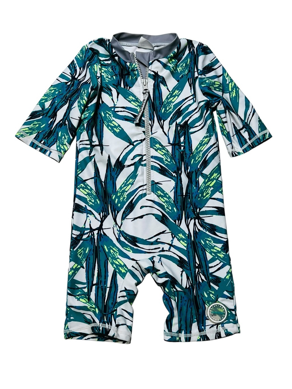 Kids Teal Green Leaf Print Short Sleeve Swimsuit